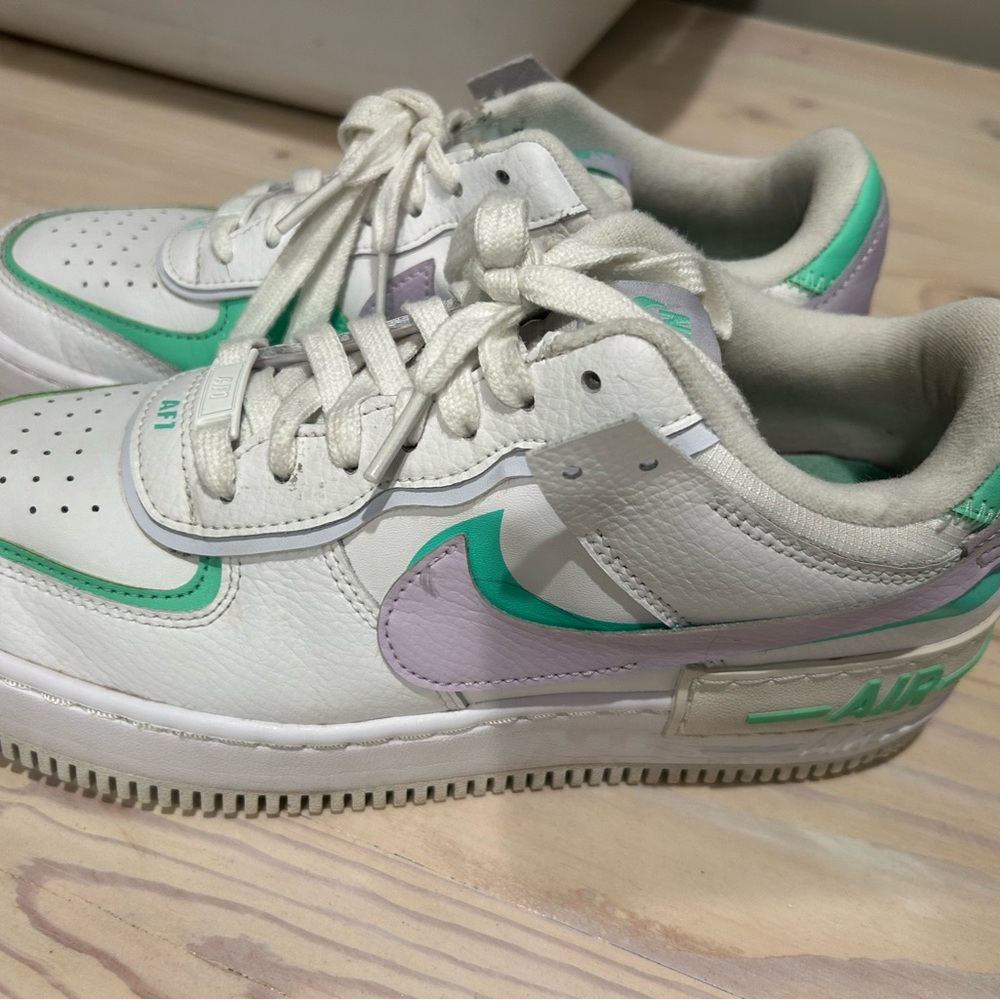 Nike White, Purple, and Green Air Force ones